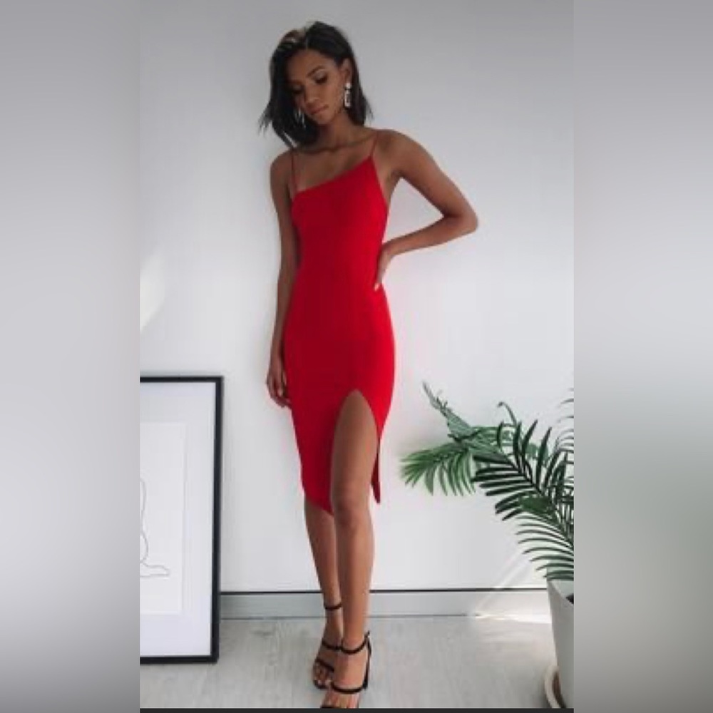 Beginning boutique: red asymmetrical red midi dress